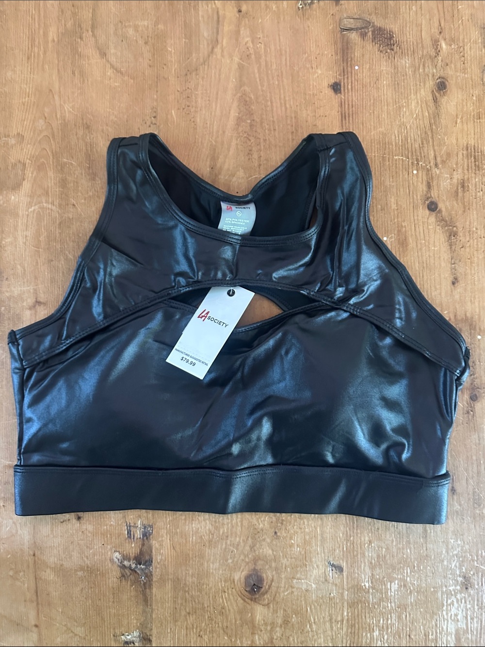 LA SOCIETY PEEK A BOO BLACK SHINY SPORTS BRA XL NEW